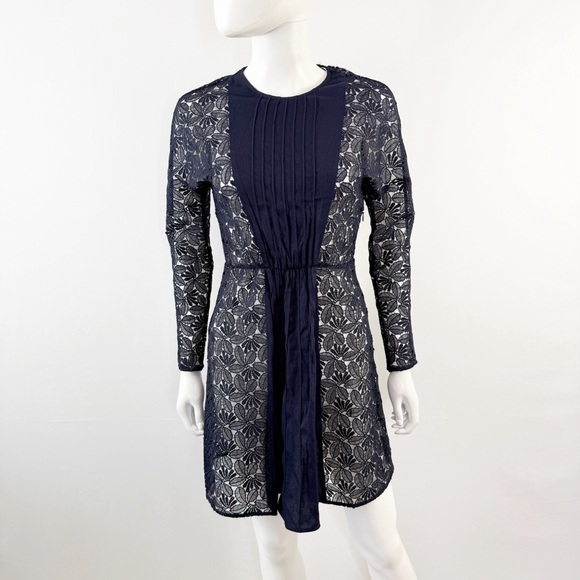 Maje Navy Blue REPINE Lace Mini Dress Size 4 Long Sleeve Formal Sheer Cocktail - Picture 2 of 11